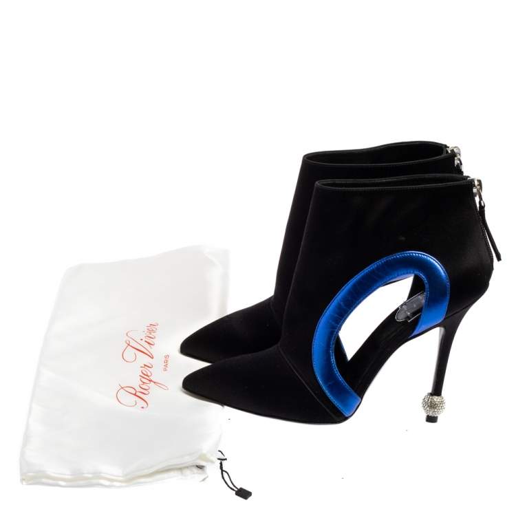 Pre Owned Roger Vivier Black-Blue Satin Embellished Heel Pointed Toe Ankle Boots Size 36