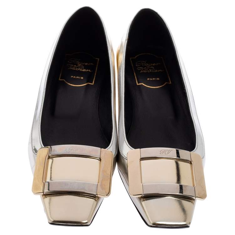 مملوكة مسبقًا Roger Vivier Silver-Gold Leather Buckle Detail Square Cap Toe Ballet Flats Size 36