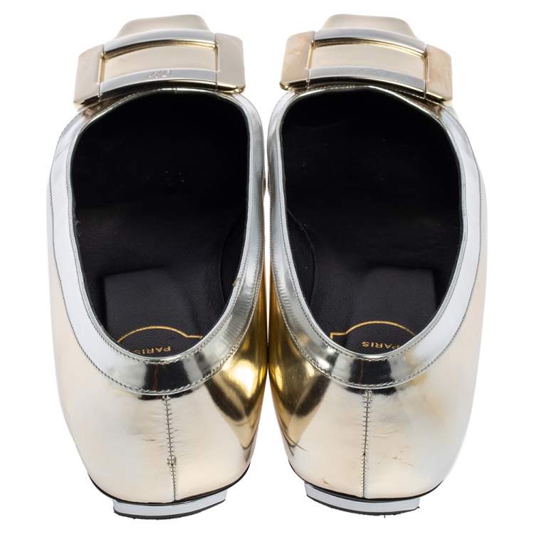 مملوكة مسبقًا Roger Vivier Silver-Gold Leather Buckle Detail Square Cap Toe Ballet Flats Size 36