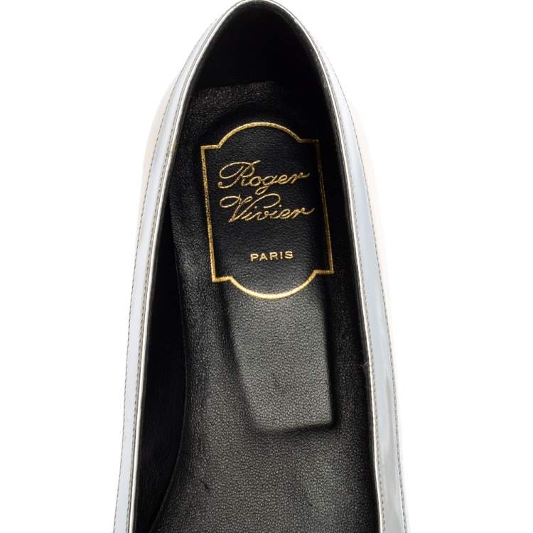 مملوكة مسبقًا Roger Vivier Silver-Gold Leather Buckle Detail Square Cap Toe Ballet Flats Size 36