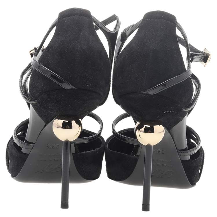 Pre Owned Roger Vivier Black Suede And Patent Leather Strappy Pointed Toe Pumps Size 38.5