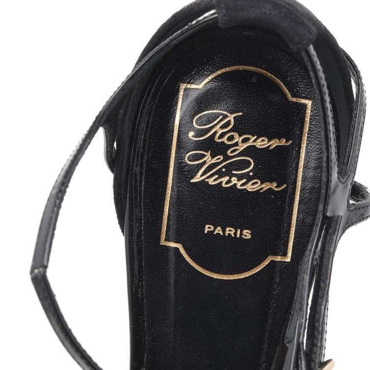 Pre Owned Roger Vivier Black Suede And Patent Leather Strappy Pointed Toe Pumps Size 38.5