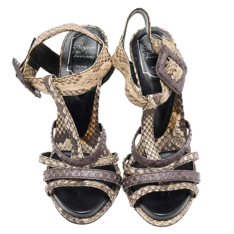 Pre Owned Roger Vivier Brown Python Leather Ankle Strap Sandals Size 39.5