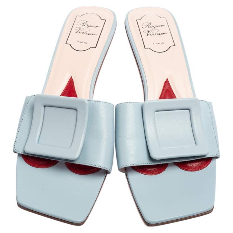 مملوكة مسبقًا Roger Vivier Blue Leather Covered Buckle Mules Size 41