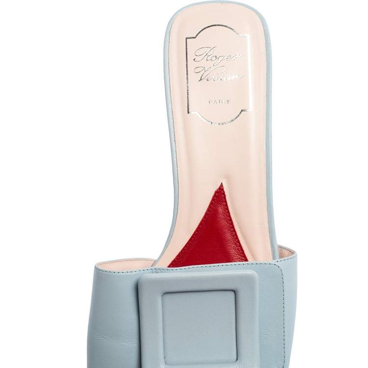 مملوكة مسبقًا Roger Vivier Blue Leather Covered Buckle Mules Size 41