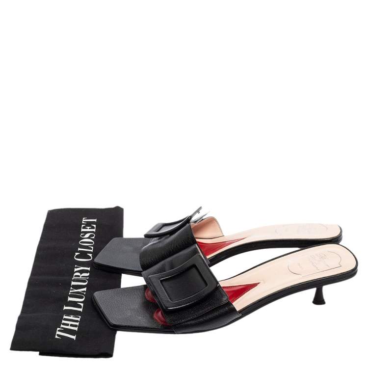 Pre Owned Roger Vivier Black Leather Covered Buckle Mules Size 41