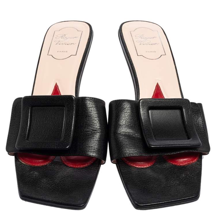 Pre Owned Roger Vivier Black Leather Covered Buckle Mules Size 41