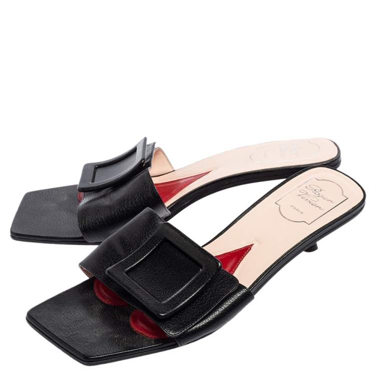 Pre Owned Roger Vivier Black Leather Covered Buckle Mules Size 41