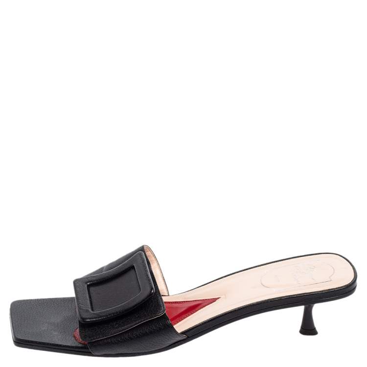Pre Owned Roger Vivier Black Leather Covered Buckle Mules Size 41