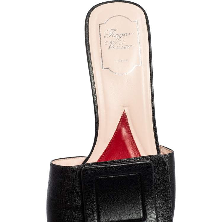 Pre Owned Roger Vivier Black Leather Covered Buckle Mules Size 41