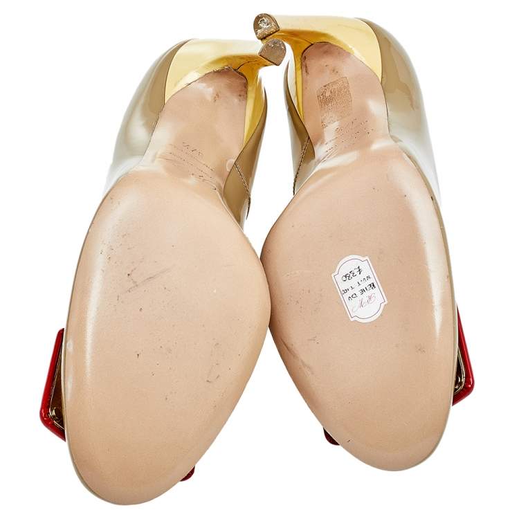 Pre Owned Roger Vivier Grey/Yellow Patent Leather Trompette Pumps Size 37.5