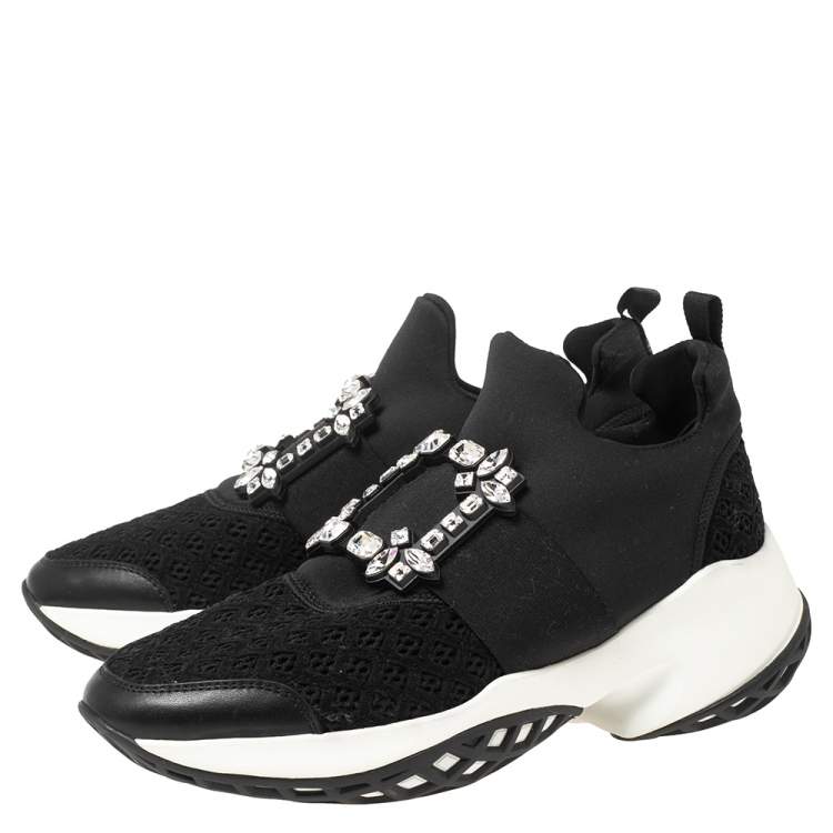 Pre Owned Roger Vivier Black Leather And Fabric Sneaky Viv Crystal Embellished Slip On Sneakers Size 40