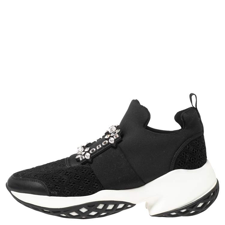 Pre Owned Roger Vivier Black Leather And Fabric Sneaky Viv Crystal Embellished Slip On Sneakers Size 40