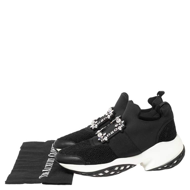 Pre Owned Roger Vivier Black Leather And Fabric Sneaky Viv Crystal Embellished Slip On Sneakers Size 40