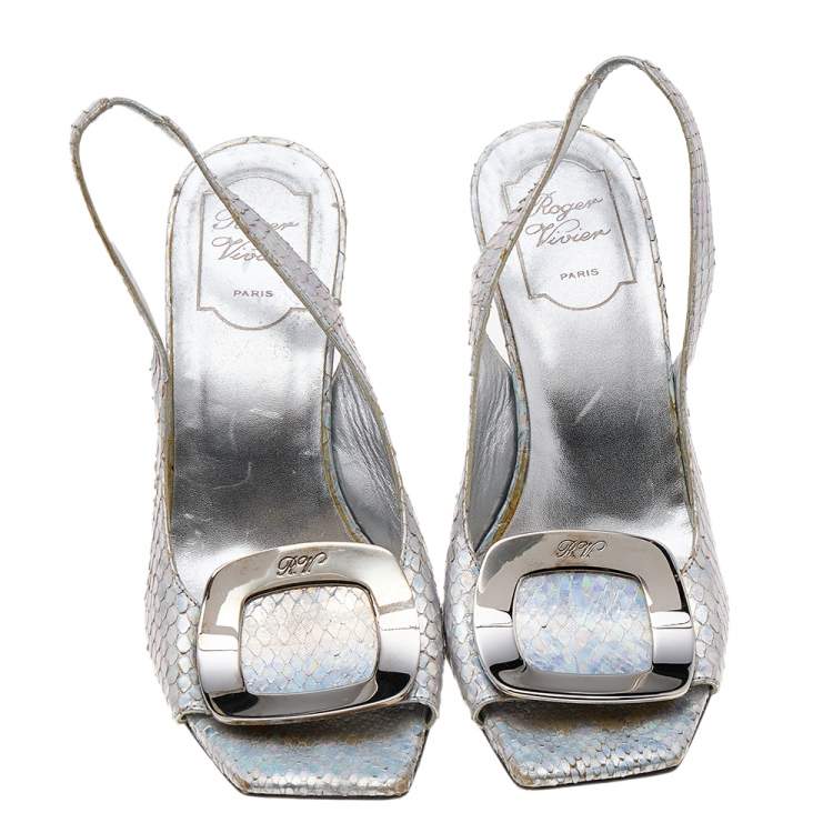 Pre Owned Roger Vivier Metallic Iridescent Python Wedge Slingback Sandals Size 37