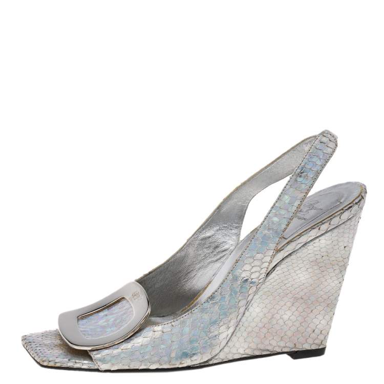 Pre Owned Roger Vivier Metallic Iridescent Python Wedge Slingback Sandals Size 37