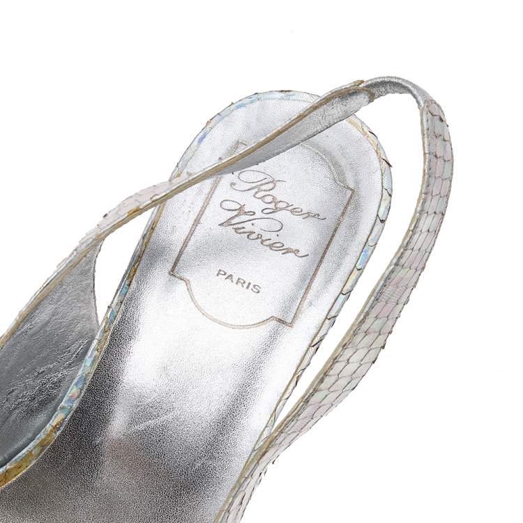 Pre Owned Roger Vivier Metallic Iridescent Python Wedge Slingback Sandals Size 37