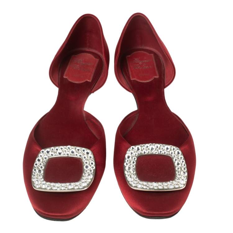 Pre Owned Roger Vivier Red Satin Crystal Embellished Chip Ballet Flats Size 40