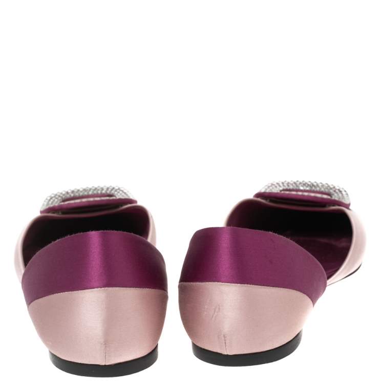 Pre Owned Roger Vivier Magenta/Dusty Pink Satin Crystal Embellished Chip Ballet Flats Size 39.5
