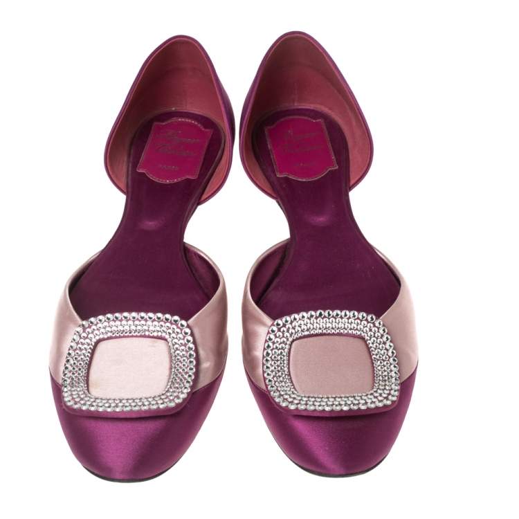 Pre Owned Roger Vivier Magenta/Dusty Pink Satin Crystal Embellished Chip Ballet Flats Size 39.5