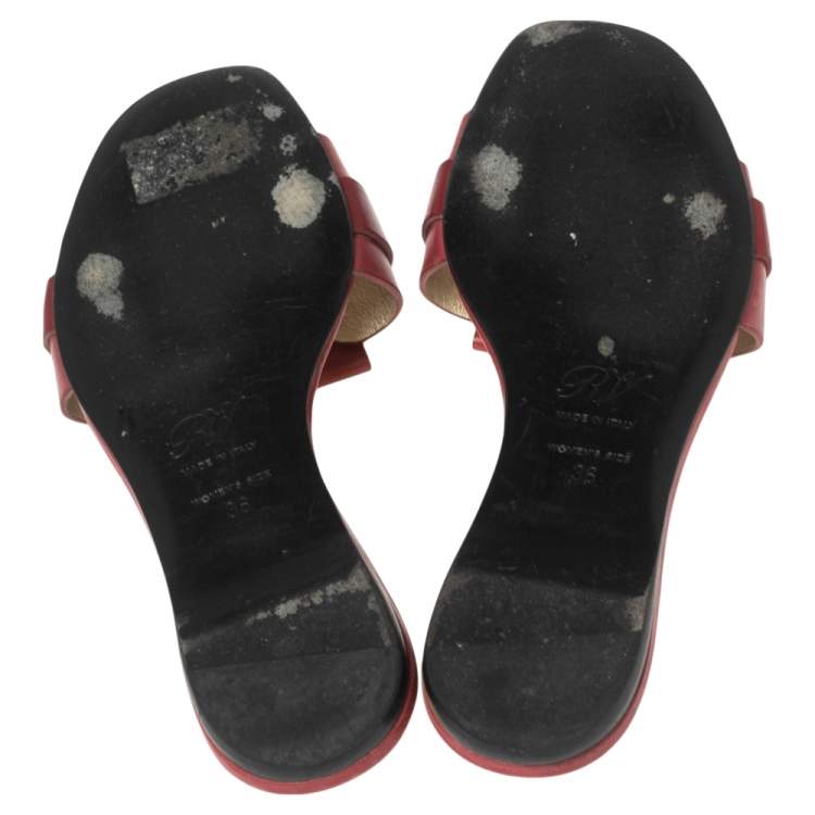Pre Owned Roger Vivier Red Leather Pilgrim De Jour Flat Slides Size 36