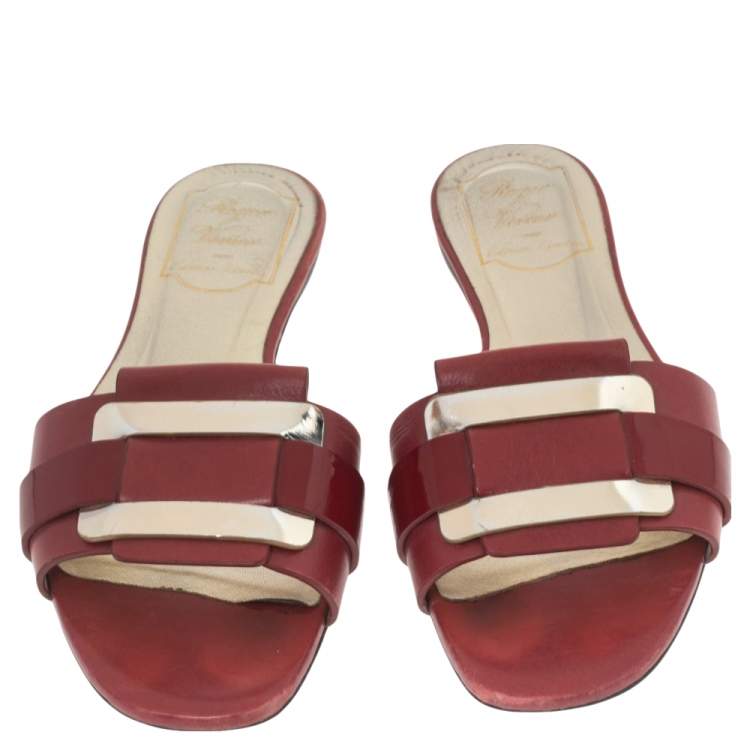 Pre Owned Roger Vivier Red Leather Pilgrim De Jour Flat Slides Size 36
