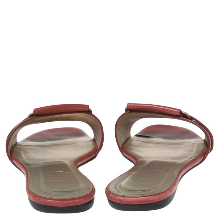Pre Owned Roger Vivier Red Leather Pilgrim De Jour Flat Slides Size 36