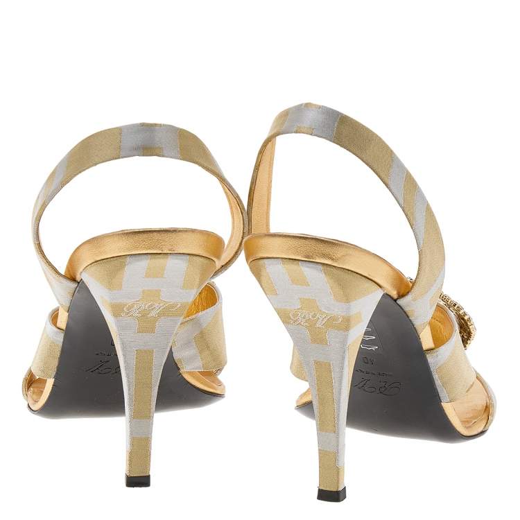 Pre Owned Roger Vivier Gold/Silver Lurex Fabric Crystal Embellished Slingback Sandals Size 40