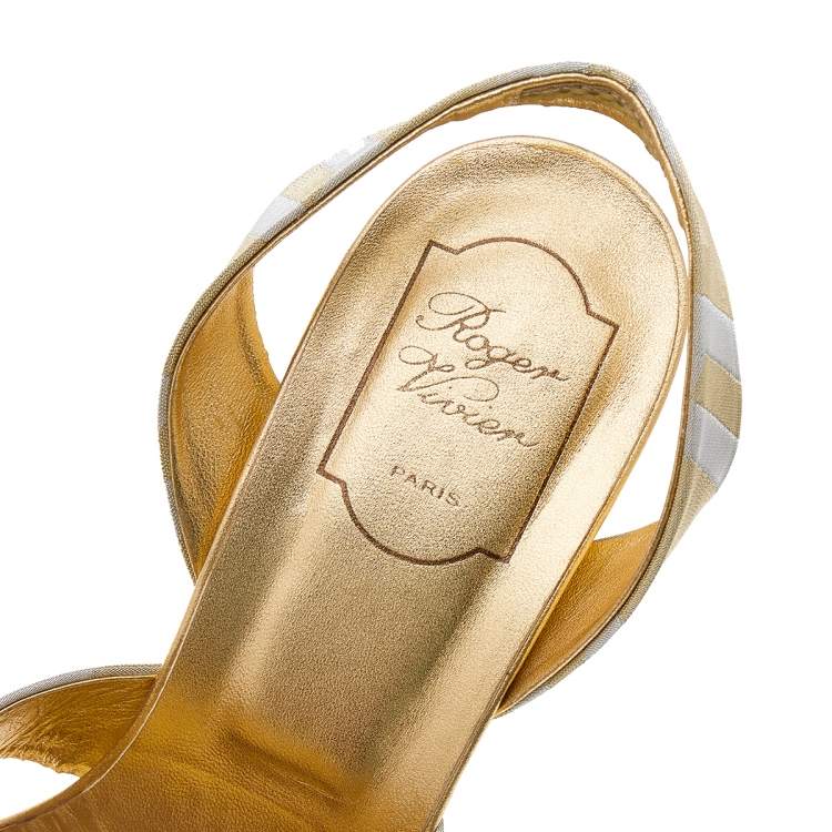 Pre Owned Roger Vivier Gold/Silver Lurex Fabric Crystal Embellished Slingback Sandals Size 40