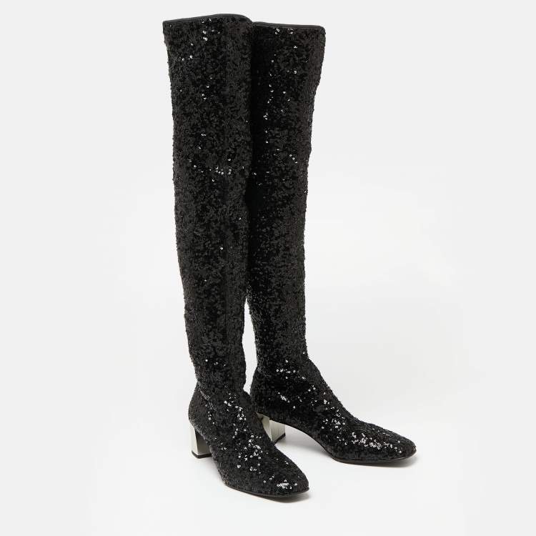 Pre Owned Roger Vivier Black Sequins Polly Over The Knee Mirror Block Heel Boots Size 39