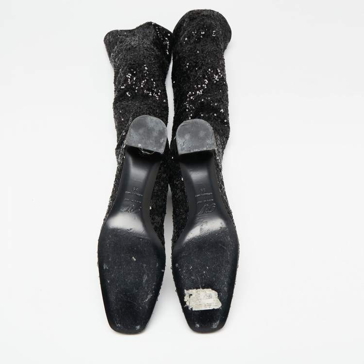Pre Owned Roger Vivier Black Sequins Polly Over The Knee Mirror Block Heel Boots Size 39