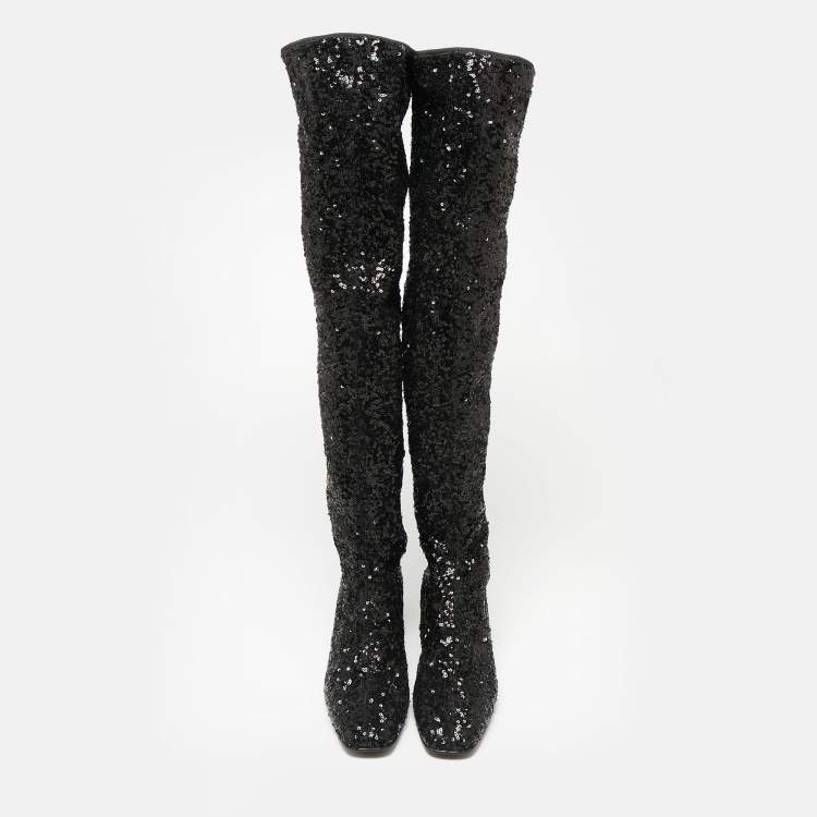 Pre Owned Roger Vivier Black Sequins Polly Over The Knee Mirror Block Heel Boots Size 39