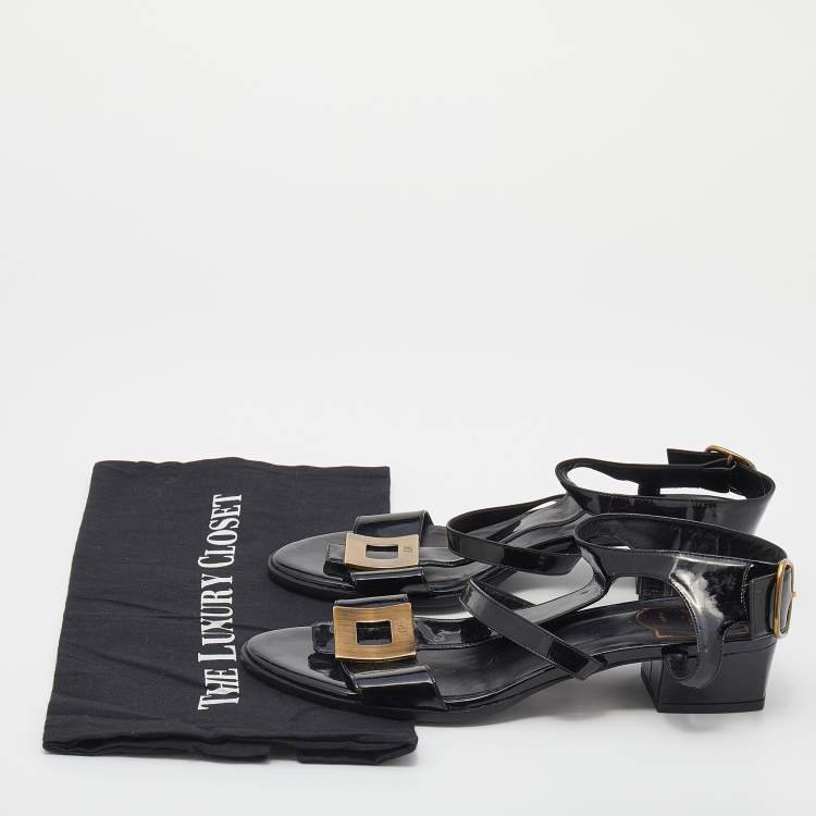 مملوكة مسبقًا Roger Vivier Black Patent Leather Ankle Strap Sandals Size 38.5 
