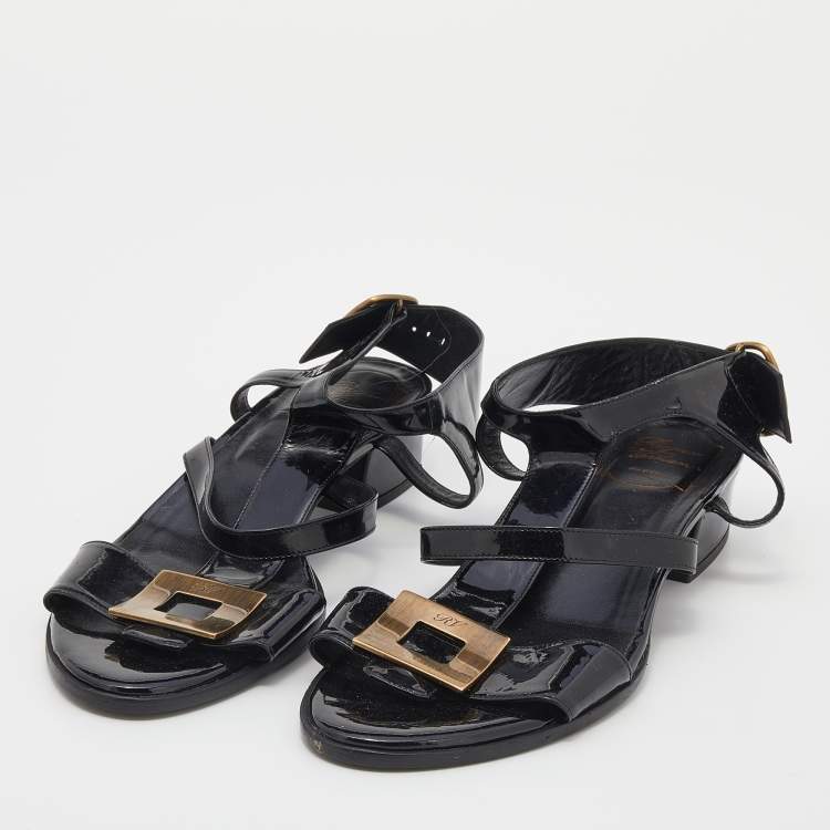 مملوكة مسبقًا Roger Vivier Black Patent Leather Ankle Strap Sandals Size 38.5 