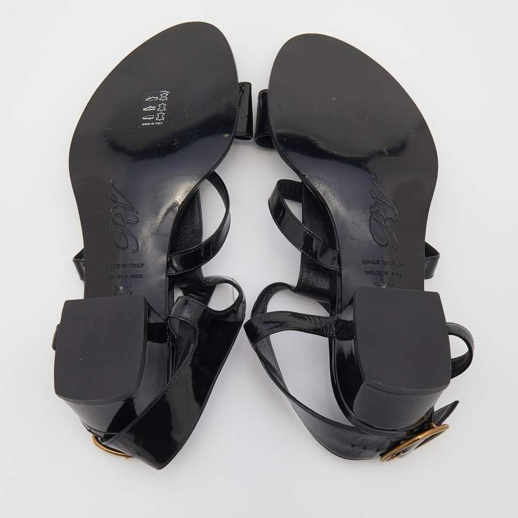 مملوكة مسبقًا Roger Vivier Black Patent Leather Ankle Strap Sandals Size 38.5 