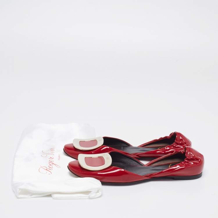 Pre Owned Roger Vivier Red Patent Leather Chips Buckle Flat D'Orsay Sandals Size 36