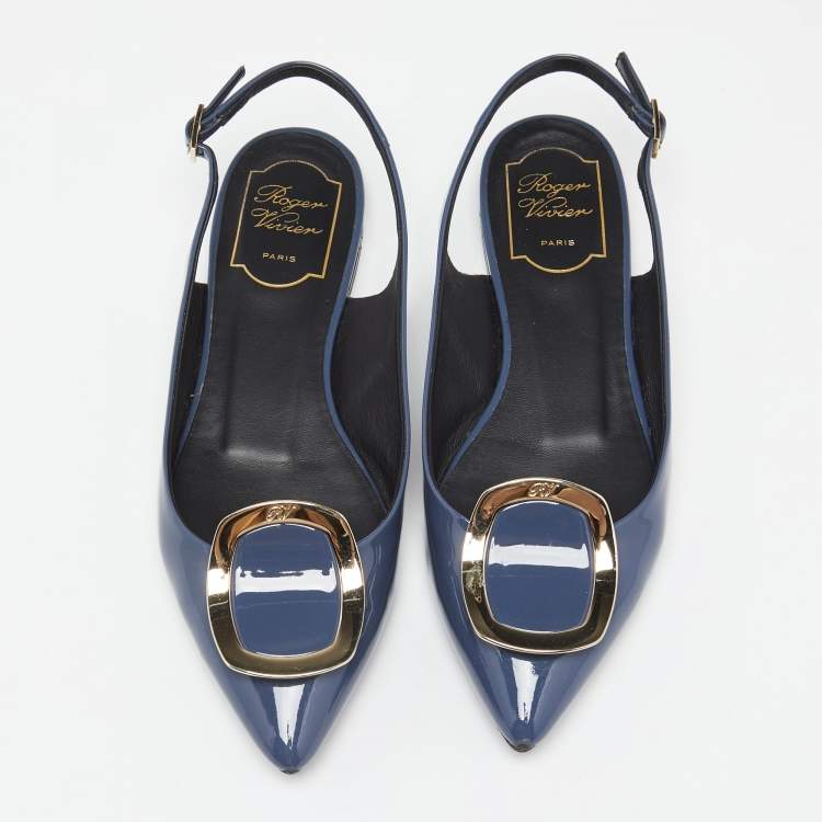 Pre Owned Roger Vivier Hale Navy Blue Patent Leather Slingback Flats Size 37