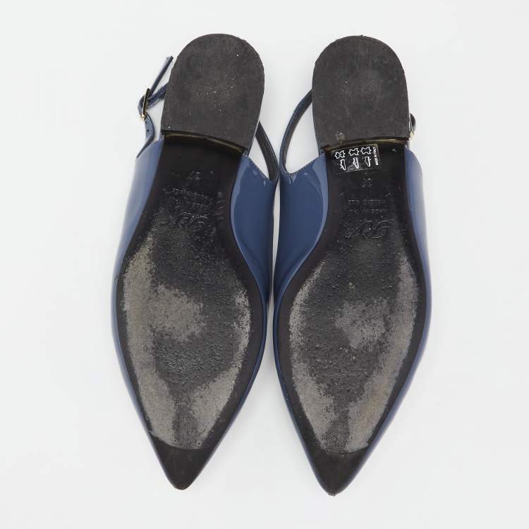 Pre Owned Roger Vivier Hale Navy Blue Patent Leather Slingback Flats Size 37