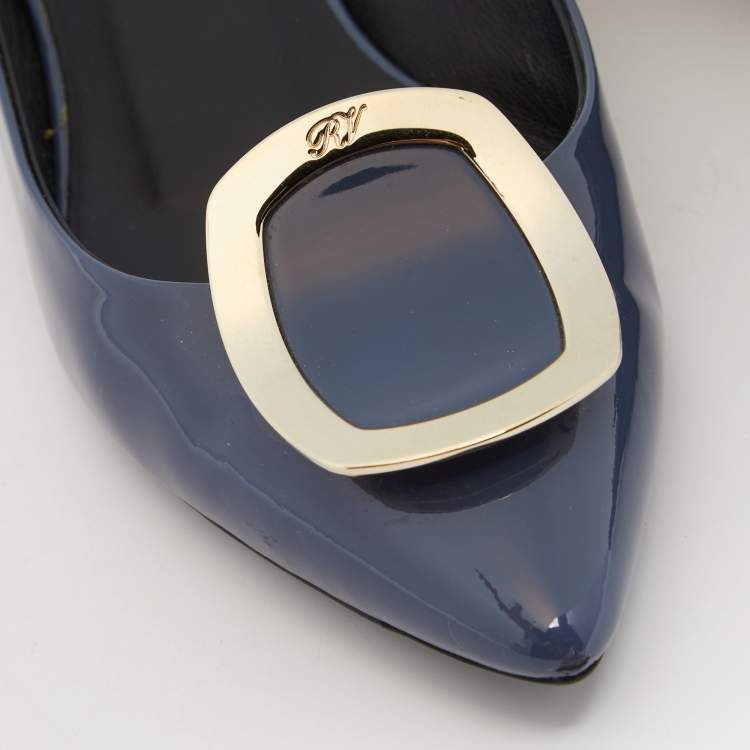 Pre Owned Roger Vivier Hale Navy Blue Patent Leather Slingback Flats Size 37