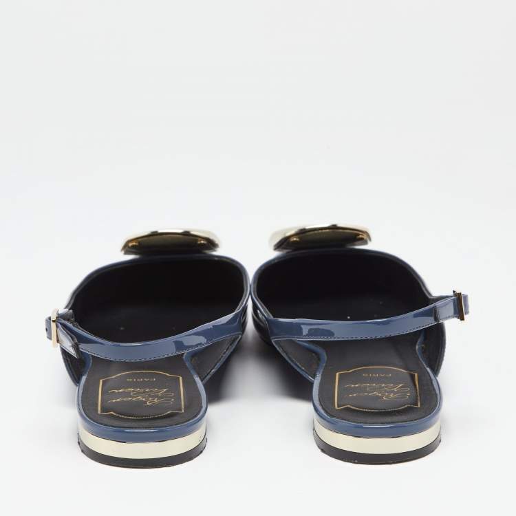 Pre Owned Roger Vivier Hale Navy Blue Patent Leather Slingback Flats Size 37