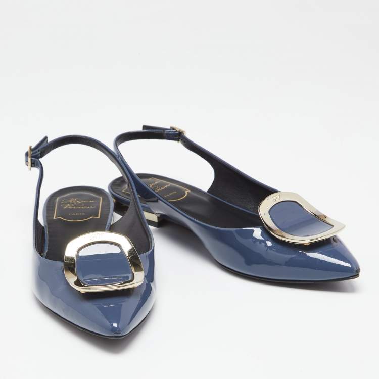 Pre Owned Roger Vivier Hale Navy Blue Patent Leather Slingback Flats Size 37