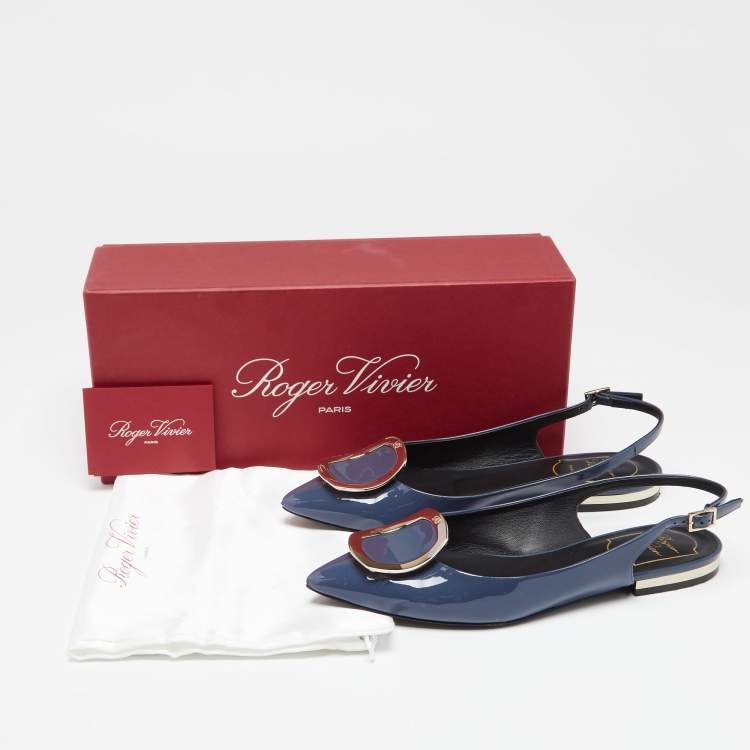 Pre Owned Roger Vivier Hale Navy Blue Patent Leather Slingback Flats Size 37