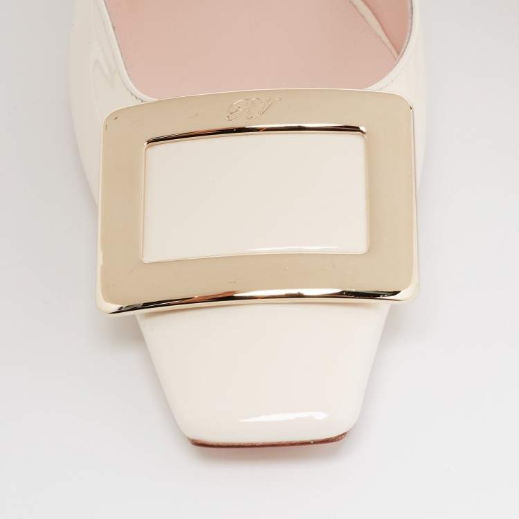 Pre Owned Roger Vivier Cream Patent Leather Belle Vivier Mules Size 35.5