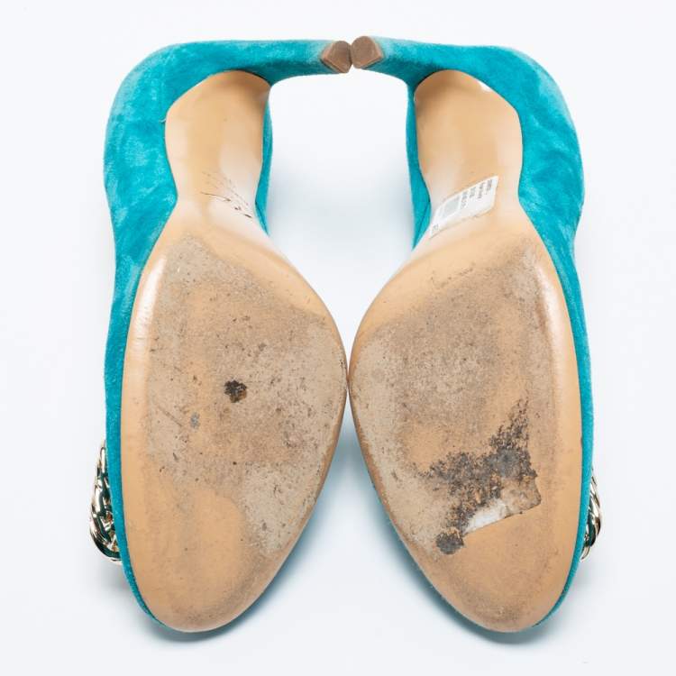Pre Owned Roger Vivier Turquoise Blue Suede Chain Detail Round Toe Pumps Size 38.5