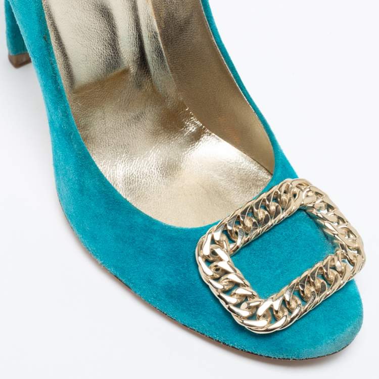 Pre Owned Roger Vivier Turquoise Blue Suede Chain Detail Round Toe Pumps Size 38.5