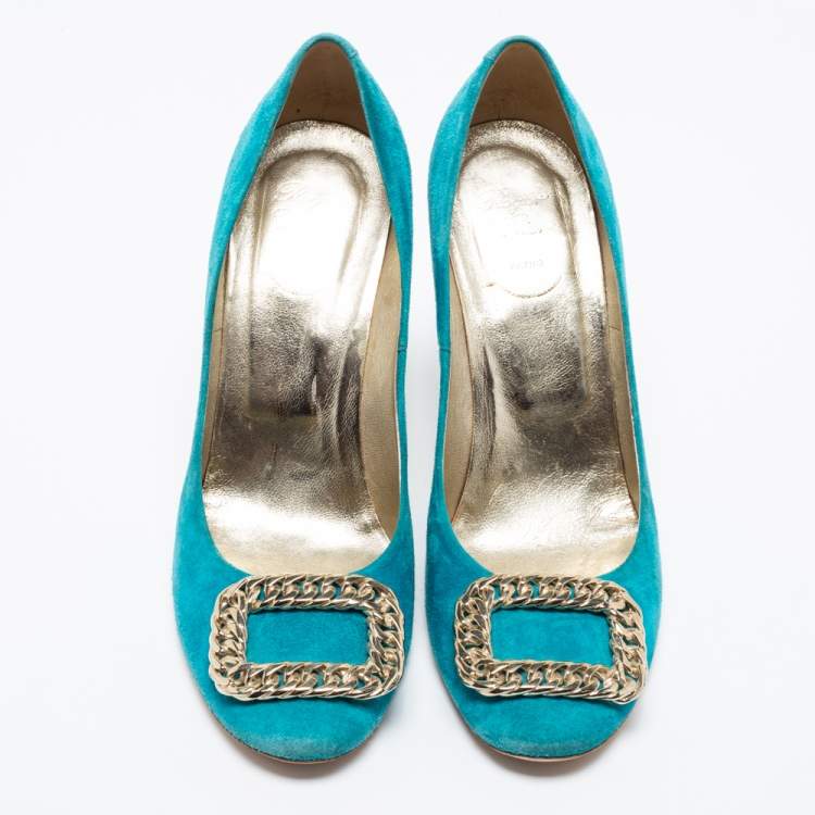 Pre Owned Roger Vivier Turquoise Blue Suede Chain Detail Round Toe Pumps Size 38.5