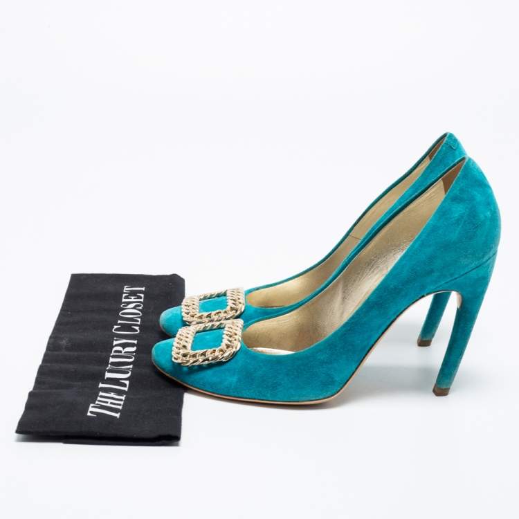Pre Owned Roger Vivier Turquoise Blue Suede Chain Detail Round Toe Pumps Size 38.5