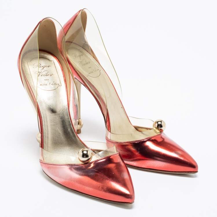 Pre Owned Roger Vivier Metallic Red PVC And Leather Pointed Toe Pumps  Size 38.5
