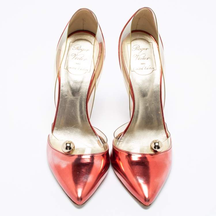 Pre Owned Roger Vivier Metallic Red PVC And Leather Pointed Toe Pumps  Size 38.5