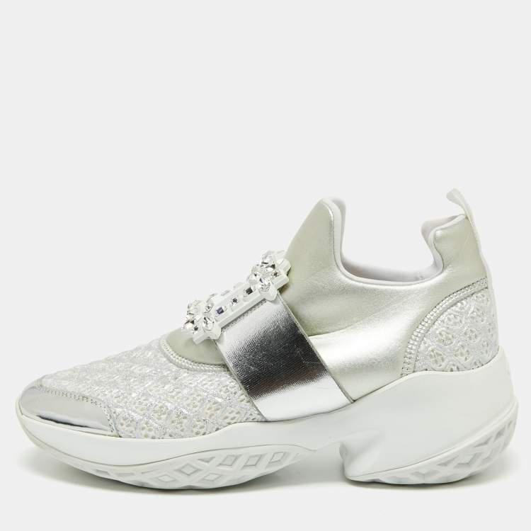 Pre Owned Roger Vivier Silver  Fabrics  And Leather Viv' Run Strass Buckle Sneakers Size 40.5